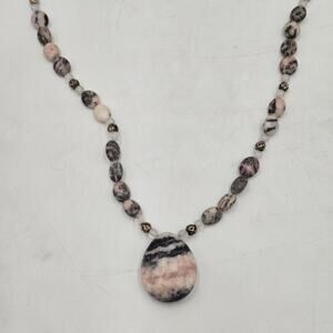 Vintage Natural Pink Zebra Jasper Sterling Magnetic Clasp Beaded Necklace 22"